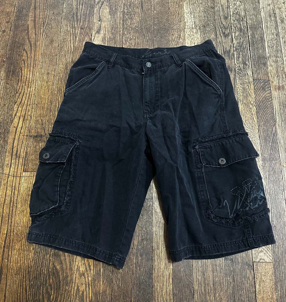 Vurt Vintage Y2K Skate Cargo Utility Shorts Black Skull Distressed Baggy Size 33